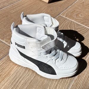 PUMA Kids White and Black High-Top Sneakers